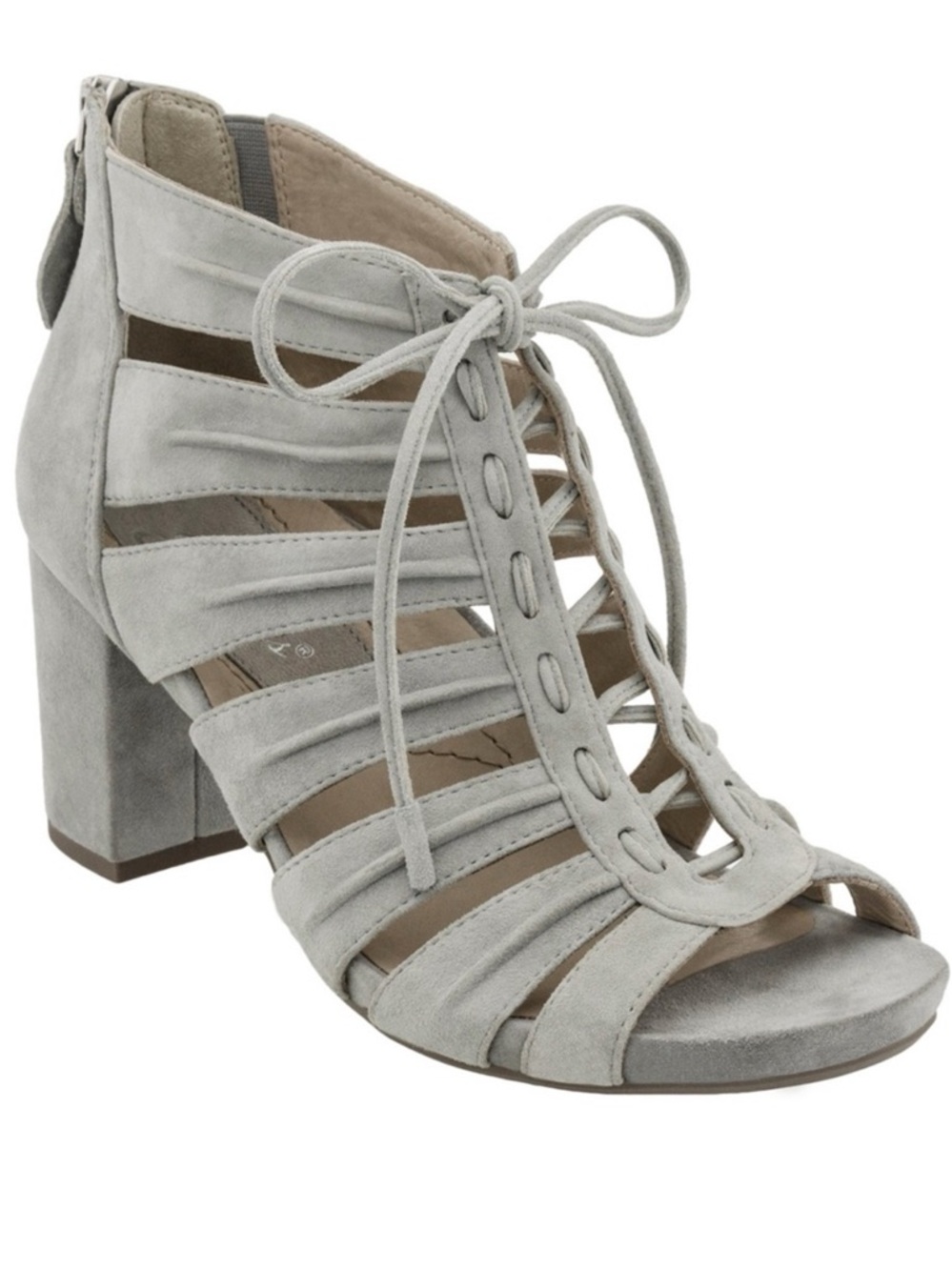 Earthies Saletto Caged Block Heel Sandals pale gray suede strappy lace up NWOT